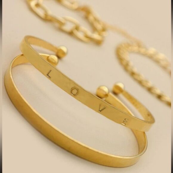 Unisex LOVE Men Women Gold Over Silver Chunky Gold Link Bangle Set - Picture 5 of 13